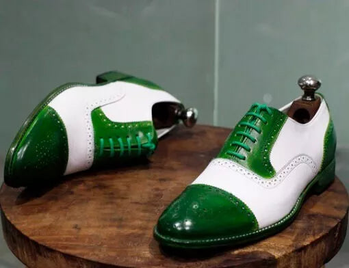 Men Two Tone Green and White Leather Brogue shoes, Handmade Lace Up Dress