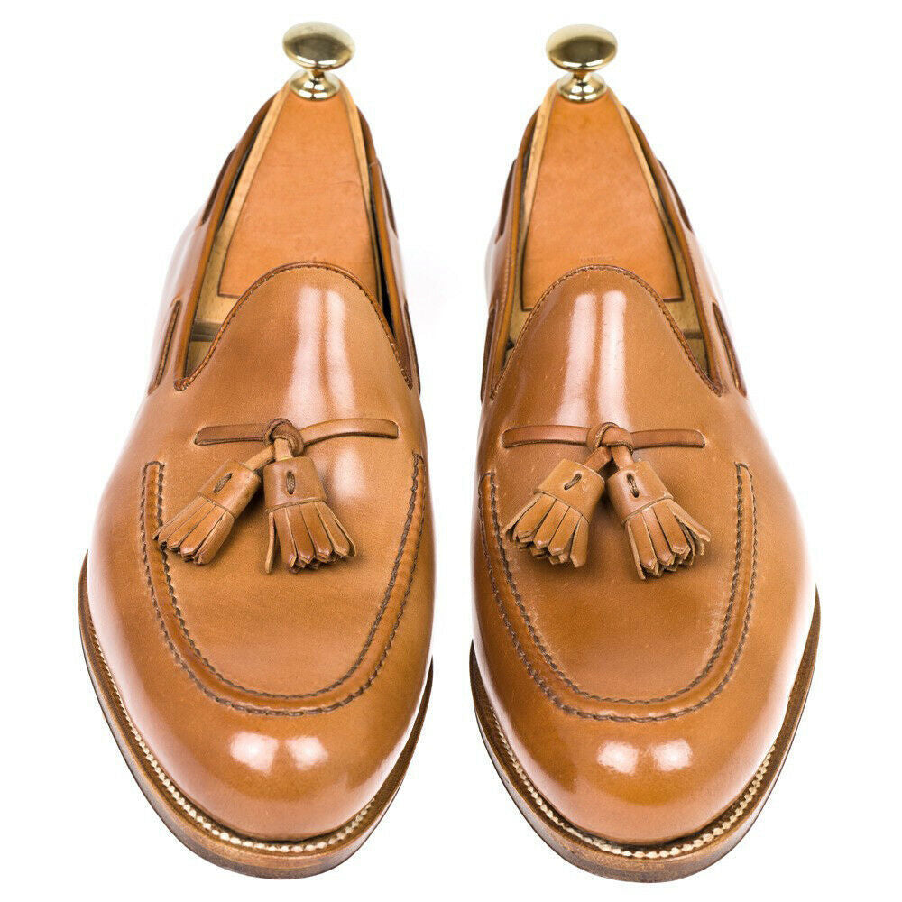 Men Tan Color Tassel Loafer Slip On Genuine Leather Handmade Formal Dress Shoes