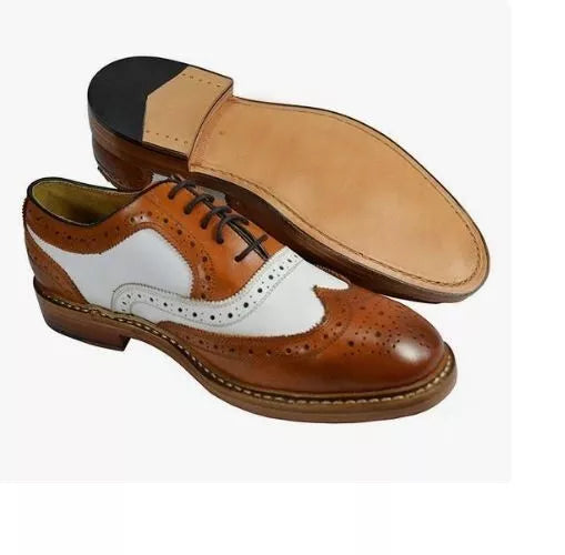 Handmade Two Tone Wing Tip Formal Brogue Lace Up Business Dress Shoes For Men