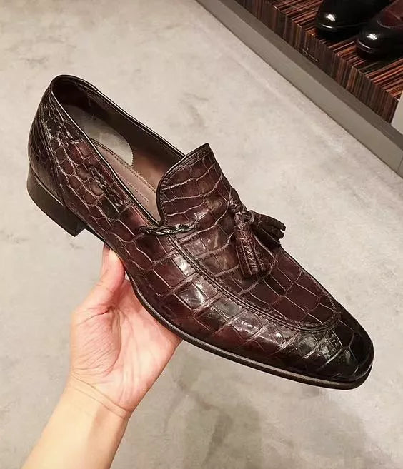 Handmade Brown Crocodile Texture Leather Formal Dress Moccasin Shoes for Men