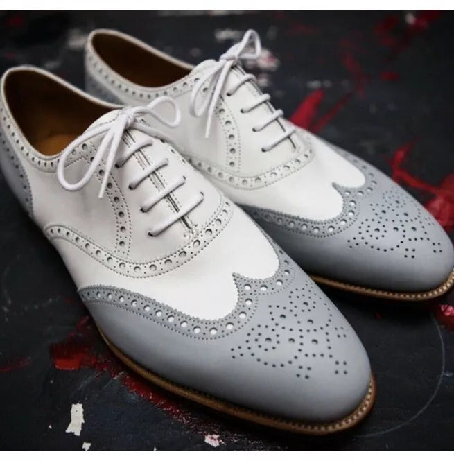 Handmade Gray & White Leather Brogue Wing Tip Business Lace Up Shoes For Mens