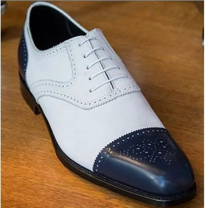 Handmade Blue & White Leather Formal Lace Up Brogue Business Shoes For Men