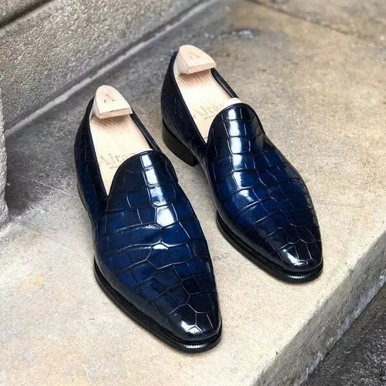 Handmade men blue crocodile moccasin shoes, dress formal slip on shoes for mens