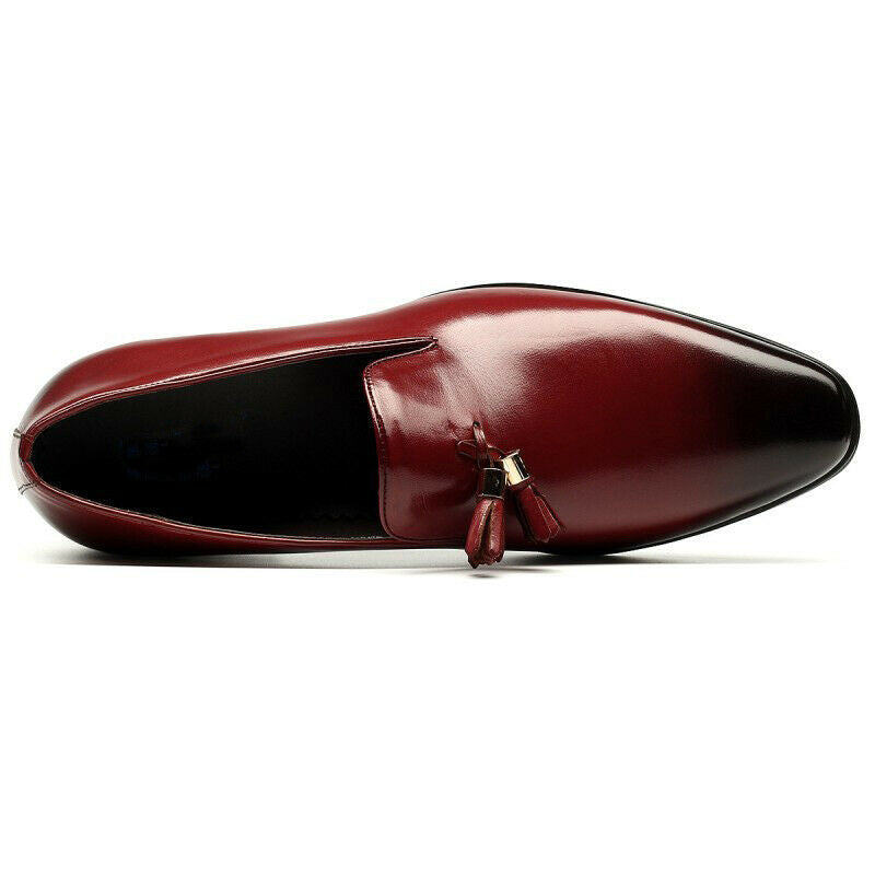 Shiny Burgundy Tassel Loafer Slip On Burnished Rounded Derby Toe Leather Shoes