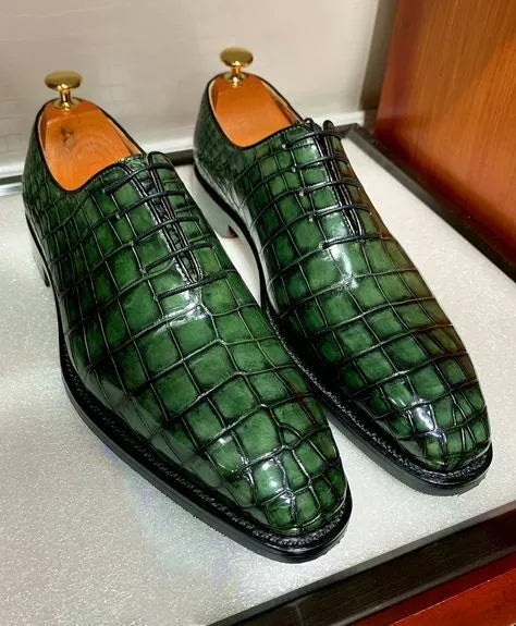 Handmade men green crocodile textured shoes, leather shoes oxford