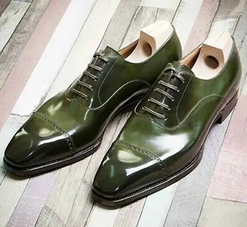 Men Handmade Green Leather Oxford Style Shoes Lace Up Formal Office