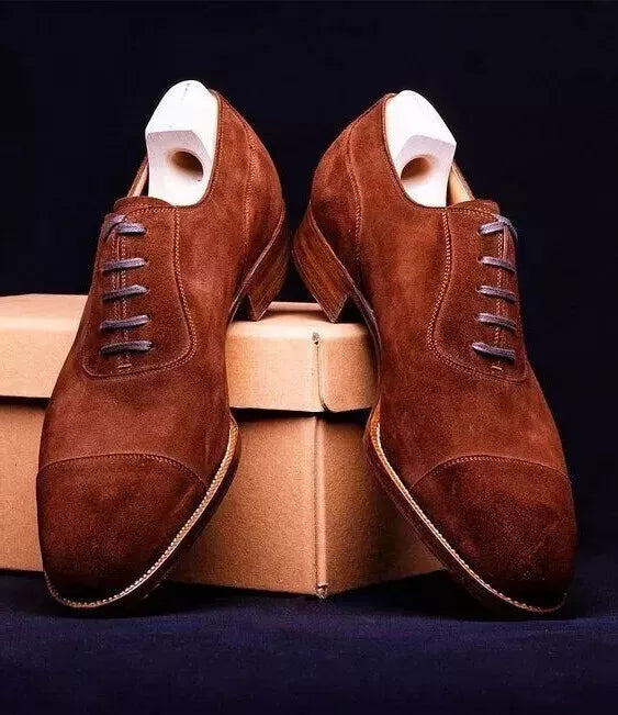 Handmade Men Shoes Suede Leather Brown Oxford Formal Dress Lace Up Shoes For Men