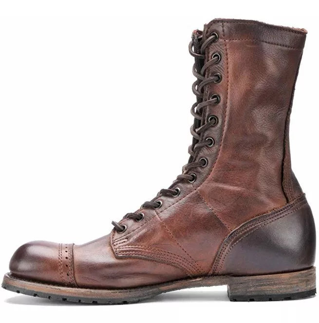 Brown Leather Hiking High Ankle Fully Lace Up Motorcycle Boots