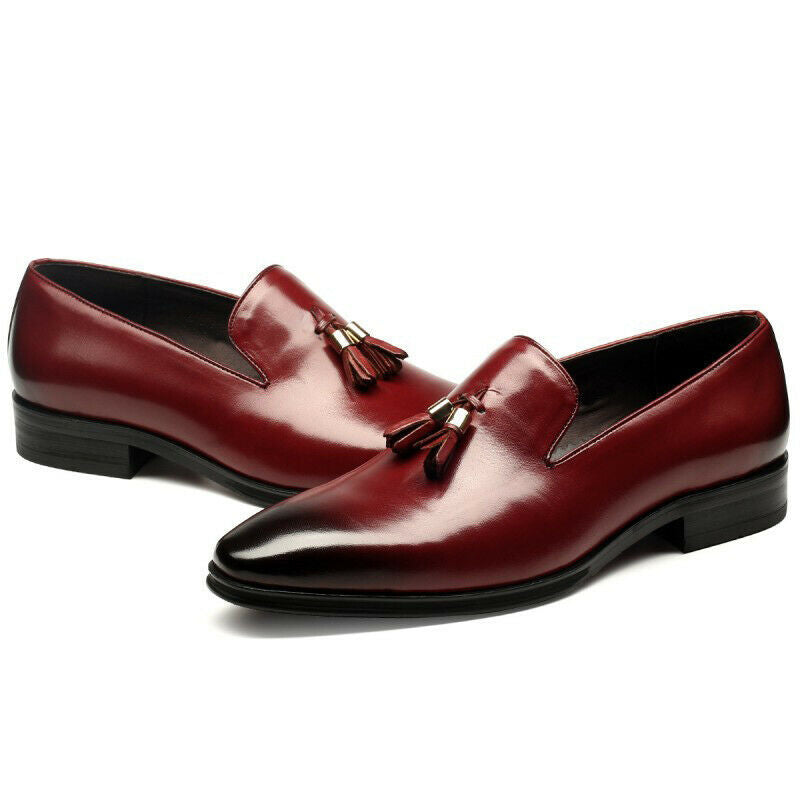 Shiny Burgundy Tassel Loafer Slip On Burnished Rounded Derby Toe Leather Shoes