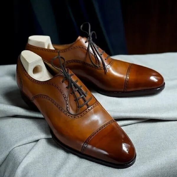 Handcrafted Men's Tan Patina Color Genuine Leather Cap toe Oxfords Dress Formal Shoes