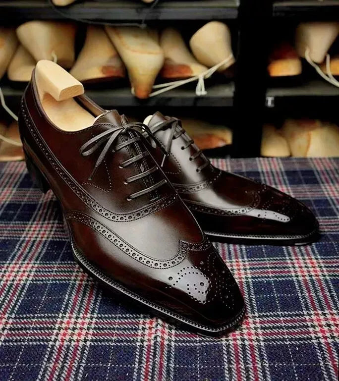 Men's Handmade Brown Leather Oxford Wingtip Brogue Lace Up Formal Shoes