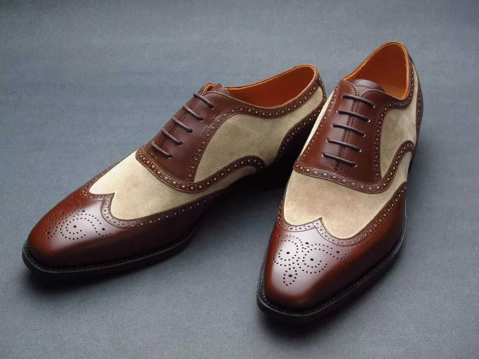 Handmade Men's Brown Beige Brogue Leather Oxford Wingtip Dress Formal Shoes