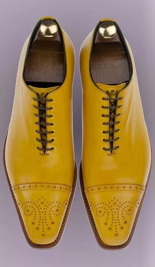 Handmade men yellow leather dress shoes, brogue dress shoes for mens office