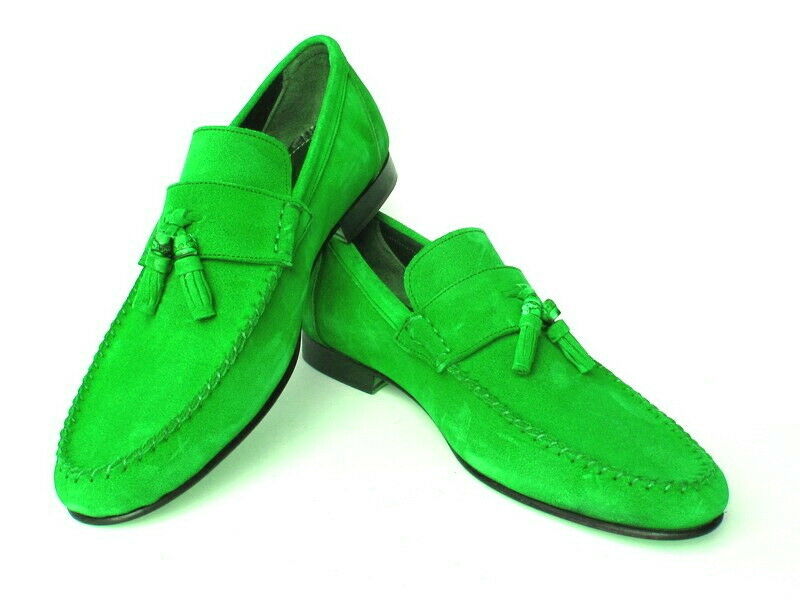 Men Green Moccasin Tassel Loafer Slip On Matching Black Sole Suede Leather Shoes