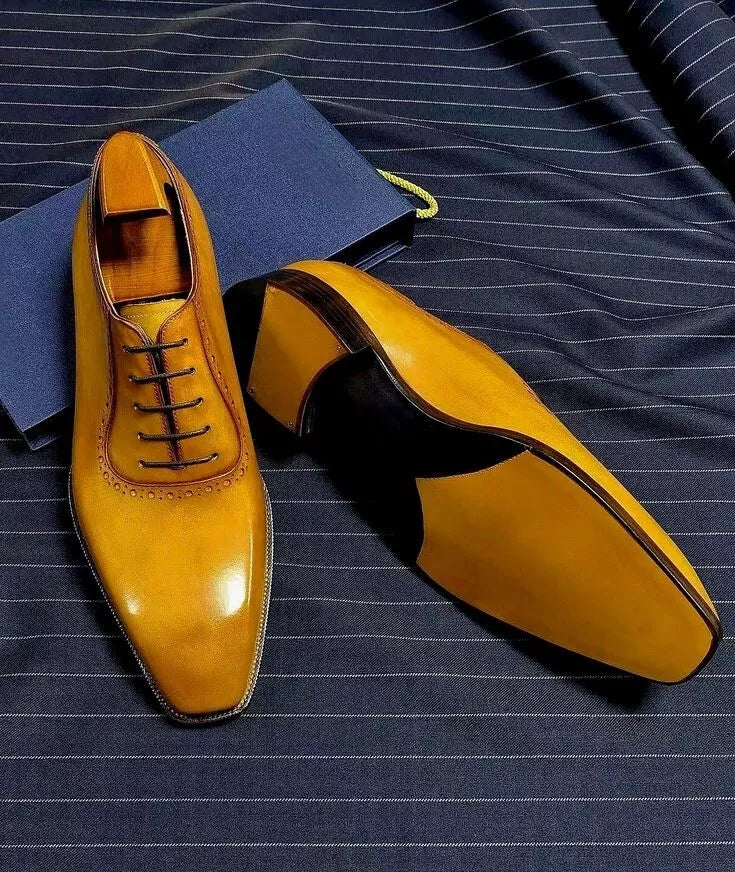 Handmade men yellow leather oxford shoes, formal dress leather shoes for mens