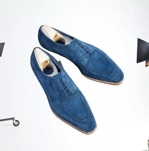 Blue Handmade Suede Formal Derby Office Shoes For Mens Dress