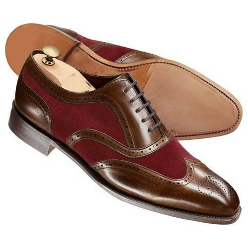 Two Tone Brown Medallion Toe Wing Tip Maroon Suede Leather Lace Up Shoes