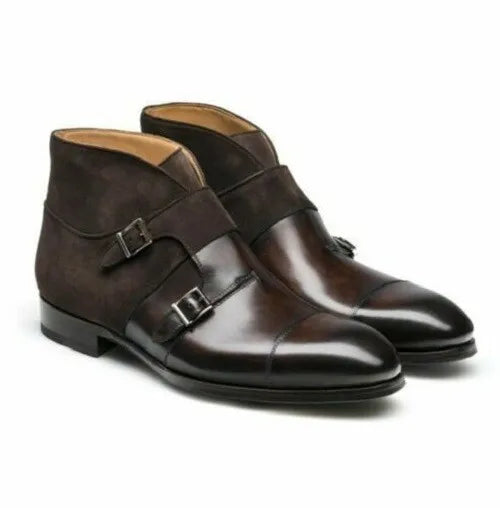 Handmade Men Brown Suede Leather Chukka Boots Double Monk Strap Dress