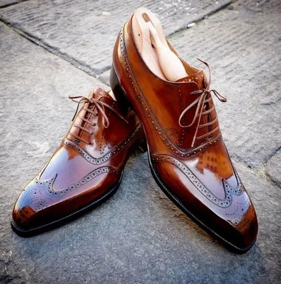 Handmade Men's Brown Brogue Leather Oxford Wingtip Lace up Formal Dress Shoes