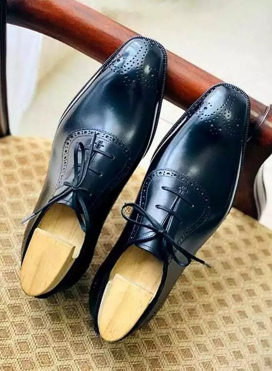 Handmade Men's Navy Blue Cowhide Brogue Leather Lace Up Oxford Dress Shoes