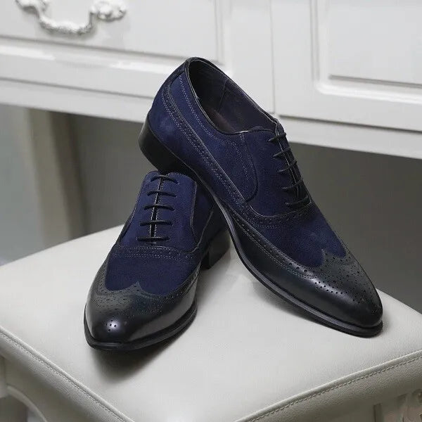 Handmade Men Two Tone Wing Tip Dress Shoes, Men Black and Blue Shoes