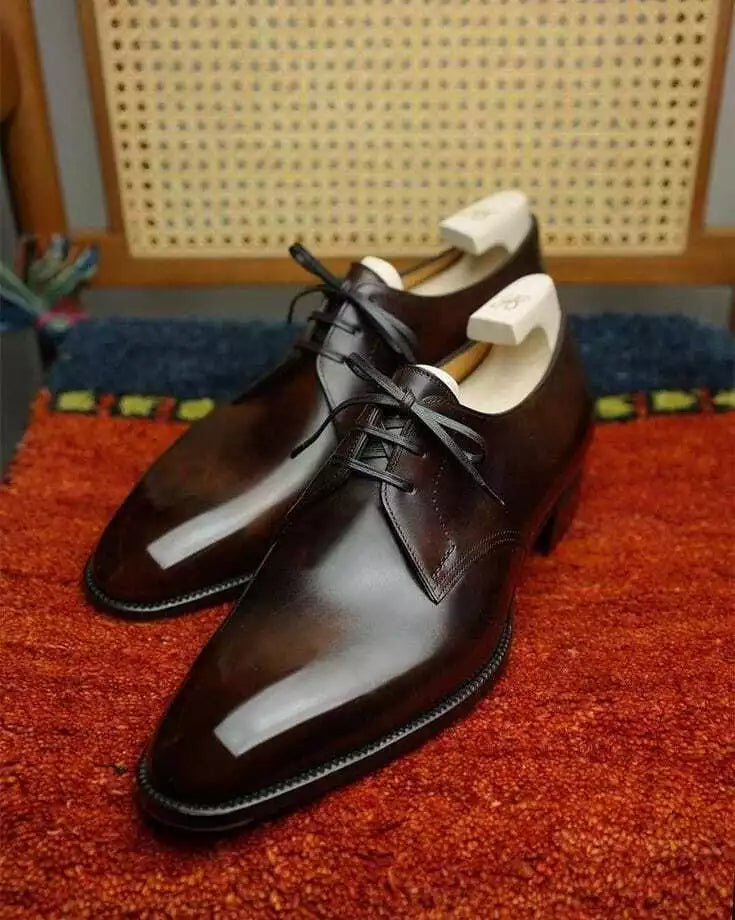 Handmade Men's Chocolate Brown Leather Derby Lace Up Dress Formal Shoes