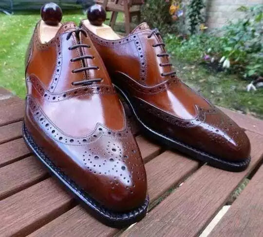 Handmade Men's Brown Brogue Leather Round Toe Wingtip Lace Up Oxford Dress Shoes