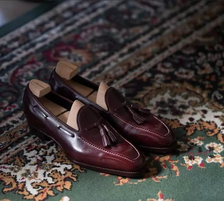 Handmade Men's Brown Tasselled Loafer Narrow Toe Original Leather Loafer Shoes