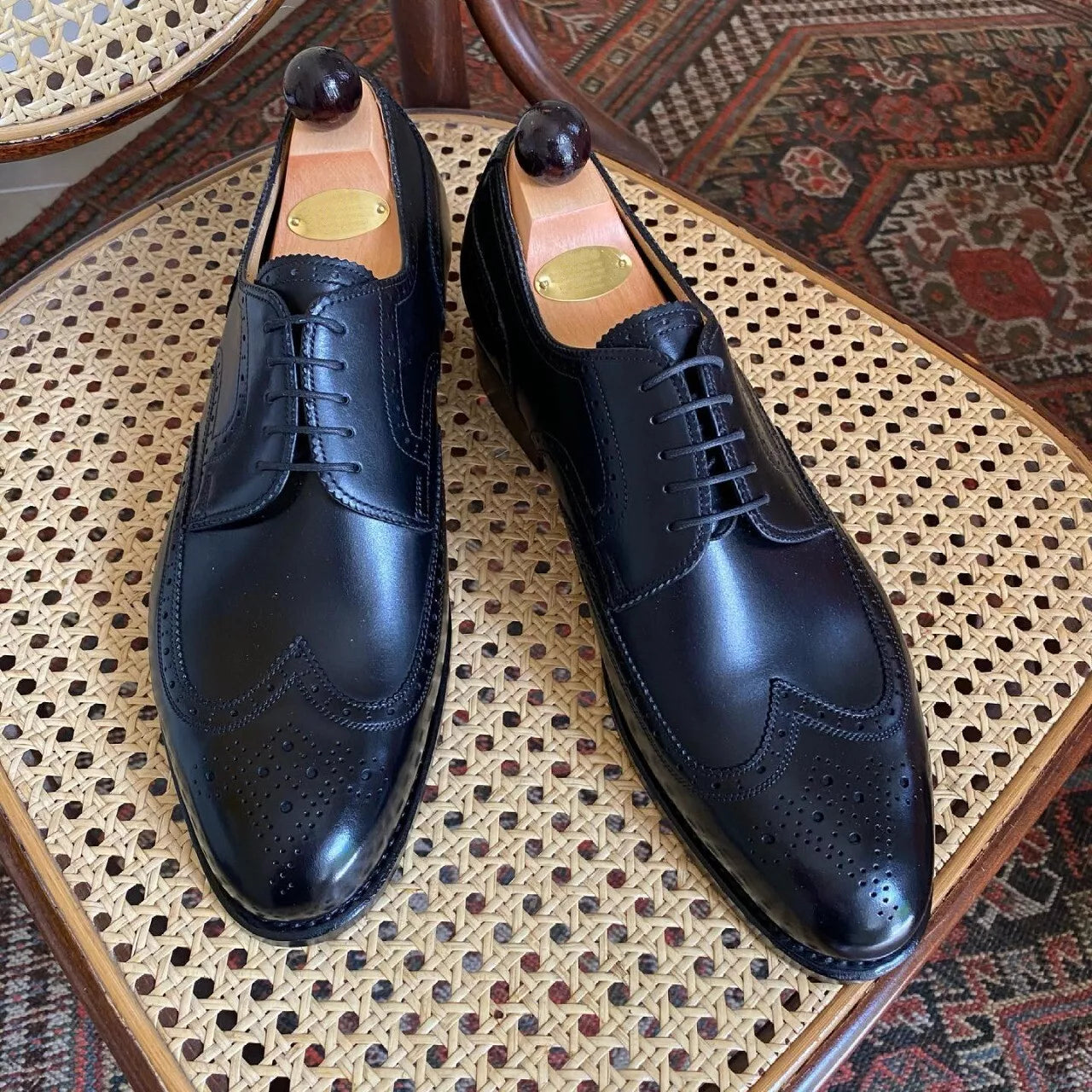 Handmade Men's Black Leather Derby Wingtip Lace up Dress Formal Shoes