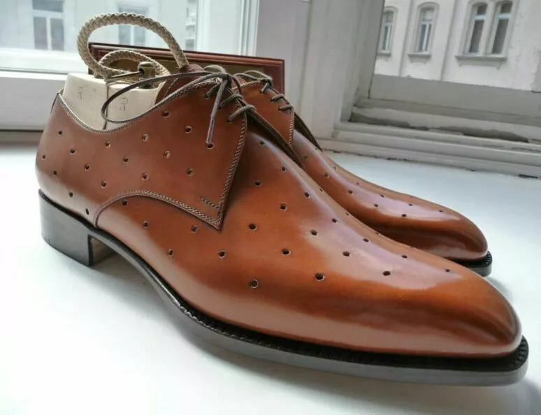 Handmade Men's Tan Leather Lace Up Chiseled Toe Derby Dress Formal Shoes