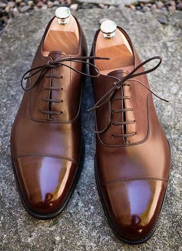 Handmade Men's Brown Genuine Leather Cap Toe Oxford Lace Up Formal Dress Shoes