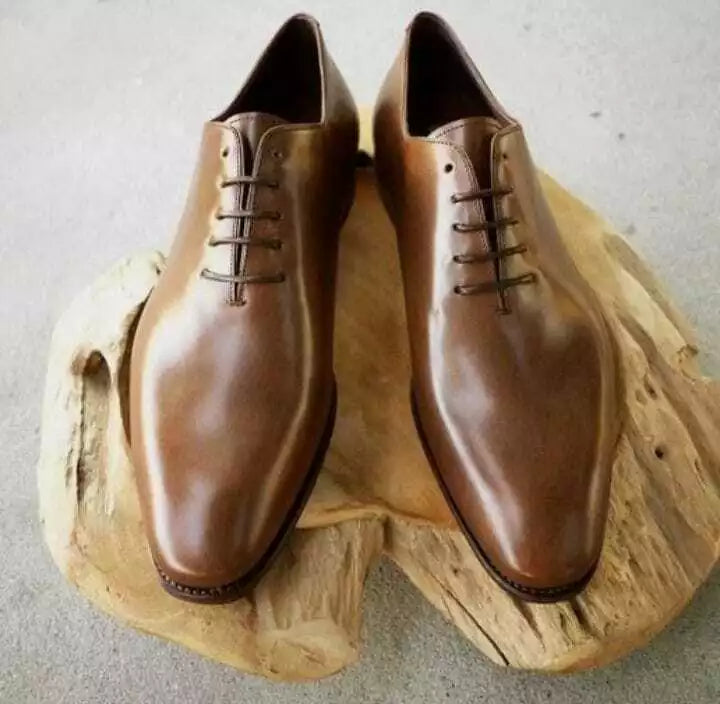 Handmade Men's Tan Leather Oxford Whole Cut Lace Up Dress Formal Shoes