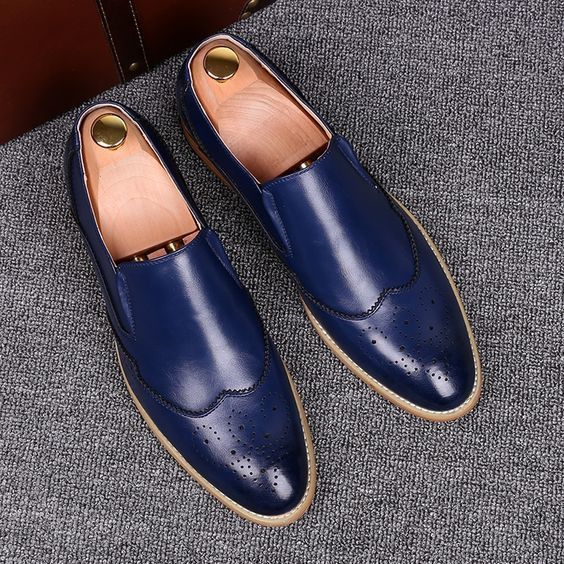 Handmade Men Wing tip Blue Leather Moccasins Loafer Slip Ons Shoes