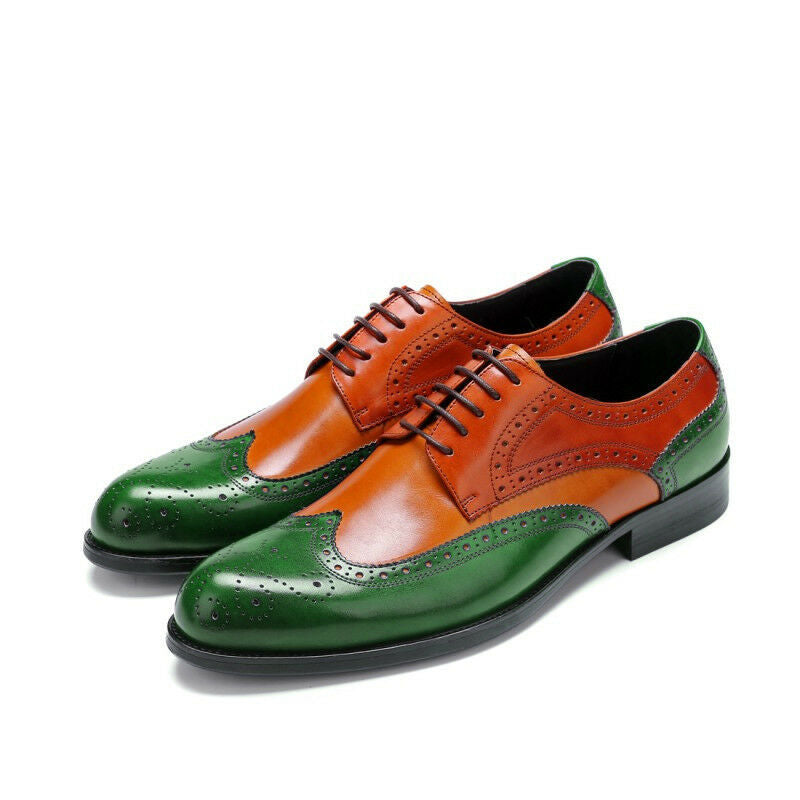 Men Green Tan Full Brogue Toe Wing Tip Black Sole Leather Lace Up Shoes