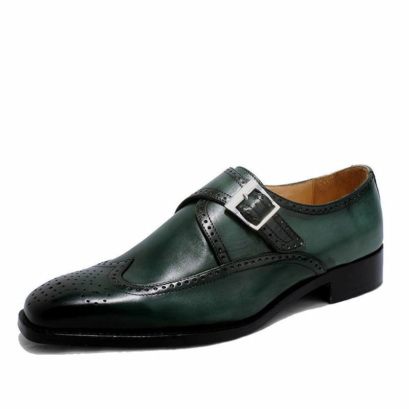 Men Green Monk Burnished Brogue Toe Wing Tip Single Buckle Leather Shoes