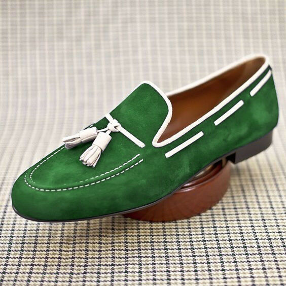 Men's Hand Made Green Color Loafer & Slip Ons Suede Real Leather Shoes