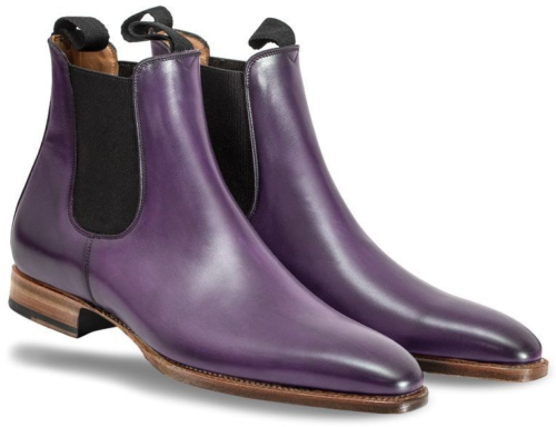 Men's Purple Chelsea Jumper Slip On Natural Color Sole Genuine Leather Boots