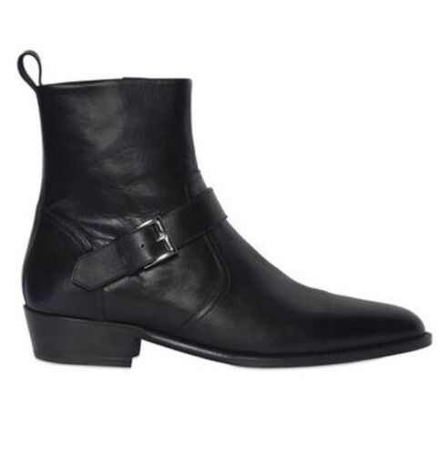 Handmade Men Black Leather Boot, ‘s Side Zipper Monk Strap Around Ankle