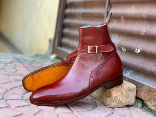 Handmade Men's Burgundy Leather Jodhpur Boots, Men Ankle High Fashion Boots