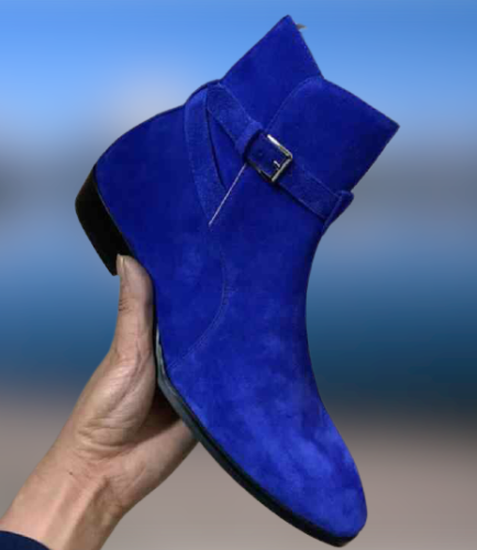 Handmade Mens Blue Suede Jodhpurs Boot, Men Blue Fashion Ankle Boots