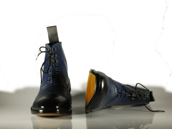 Handmade Men's Navy Blue Leather Cap Toe Lace Up Boots, Men Ankle Fashion Boots