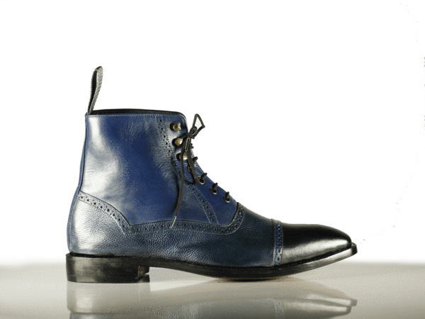 Handmade Men's Navy Blue Leather Cap Toe Lace Up Boots, Men Ankle Fashion Boots