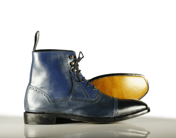 Handmade Men's Navy Blue Leather Cap Toe Lace Up Boots, Men Ankle Fashion Boots