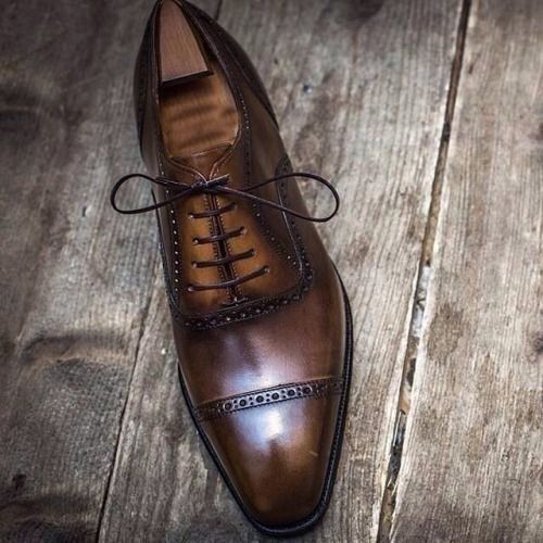 Handmade Men's Brown Cowhide Leather Oxford Cap Toe Dress Formal Shoes