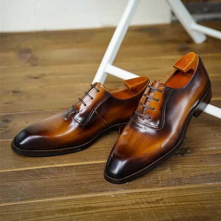 Handmade Men's Tan Brown Leather Oxford Chiseled Toe Lace Up Dress Formal Shoes