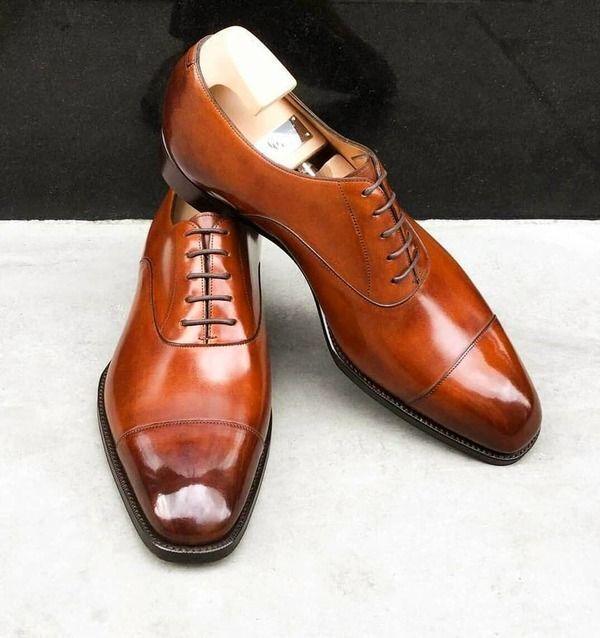 Handmade Men's Tan Cowhide Leather Oxford Cap Toe Lace Up Dress Formal Shoes