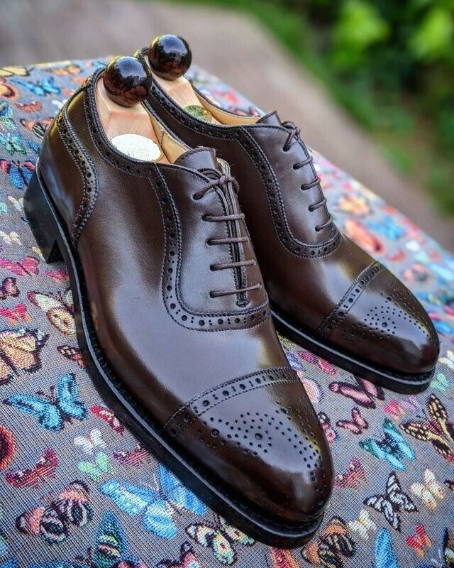 Handmade Men's Brown Brogue Leather Oxford Cap Toe Dress Formal Shoes