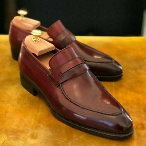 Men's Handmade Burgundy Leather Moccasin Shoes, Formal Penny Loafer