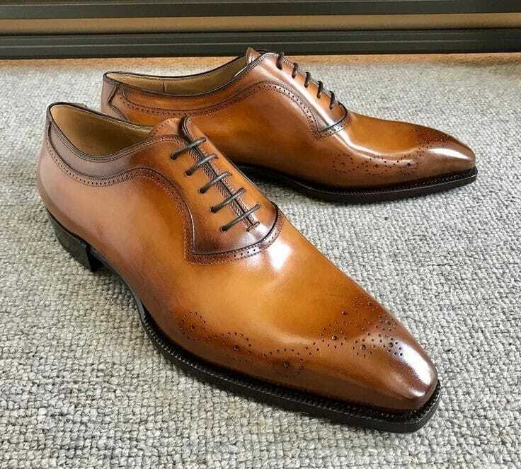 Handmade Men's Tan Brogue Leather Chiseled Plain Toe Lace Up Oxford Dress Shoes