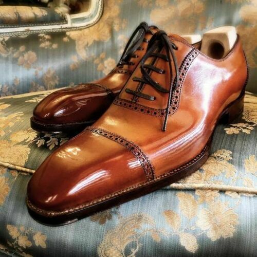 Men's Handmade Genuine Tan Leather Oxford Cap Toe Lace up Dress Formal Shoes